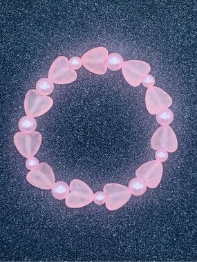 Pink Pearl and Frosted Heart Beaded Stretch Bracelet